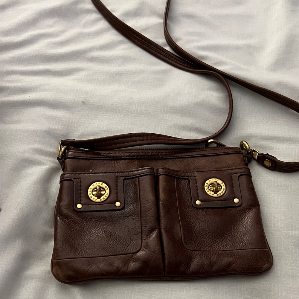 Leather Crossbody Bag with Front Pockets - Brown